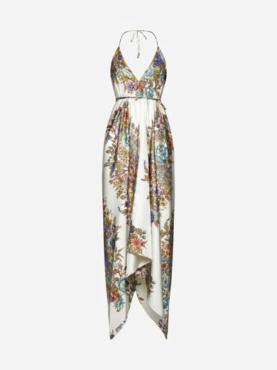 Etro Floral Print Silk Long Dress In White,multicolor
