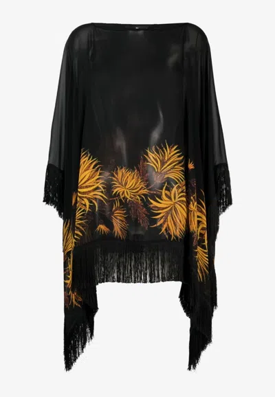 Etro Floral Print Silk Poncho In Black