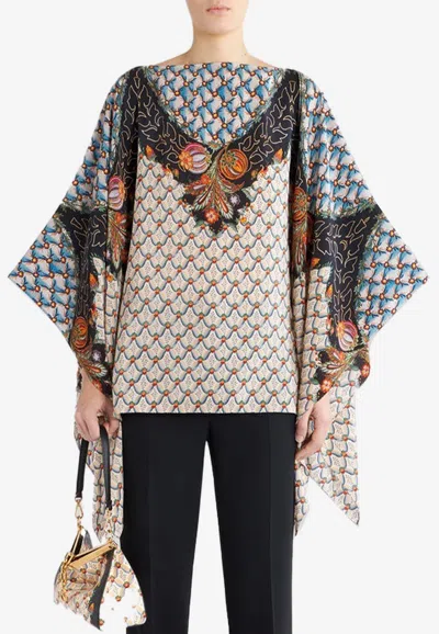 Etro Floral Print Silk Poncho In Multicolor