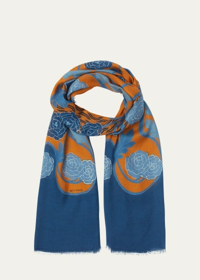 Etro Floral Print Silk Scarf In Print On Blue Bas