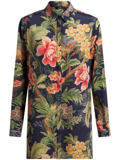 Etro Floral-print Silk Shirt In Blue