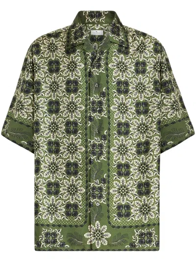 Etro Short-sleeved Silk Floral Shirt In Green