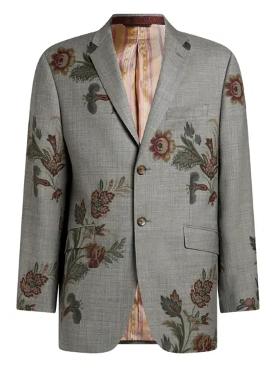 Etro Floral-print Single-breasted Jacket In Gray