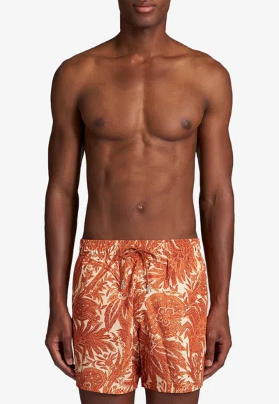Etro Floral Print Swim Shorts In Orange