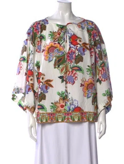 Pre-owned Etro Floral Print Tie Neck Blouse In White