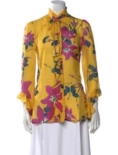 Pre-owned Etro Floral Print Tie Neck Blouse In Yellow