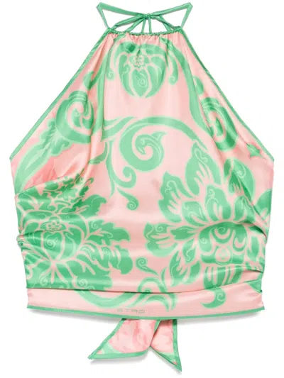 Etro Halter Neck Floral Pattern Open Back Top In Multicolour