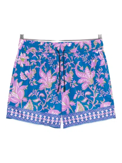 Etro Swim Shorts Floral Trim Elastic Waistband Pockets In Blue
