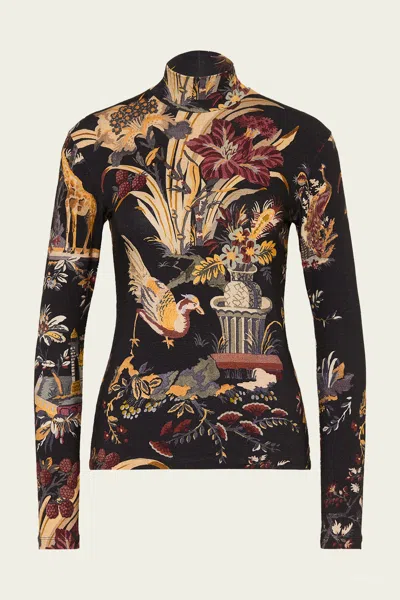 Etro Floral Print Turtleneck Top In Black Multicolor