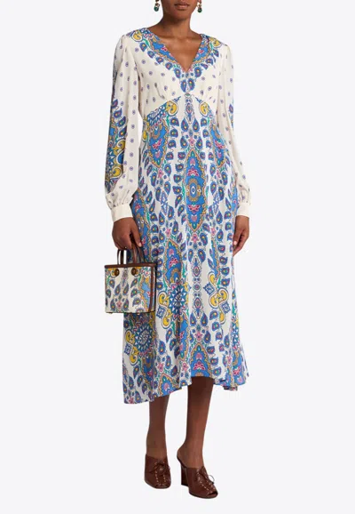 ETRO FLORAL PRINT V-NECK MIDI DRESS