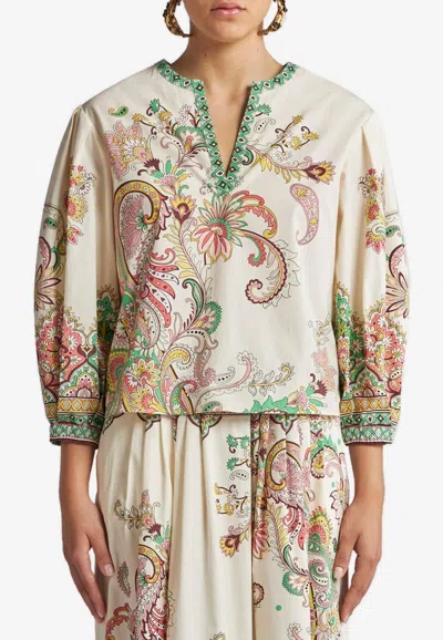 Etro Floral Print V-neck Poplin Blouse In White
