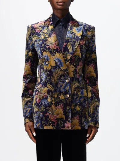 Etro Floral Print Velvet Double-breasted Blazer With Peak Lapels In Blue