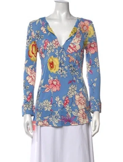 Pre-owned Etro Floral Print V-neck Blouse In Blue