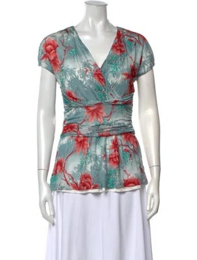Pre-owned Etro Floral Print V-neck Blouse In Blue/pink