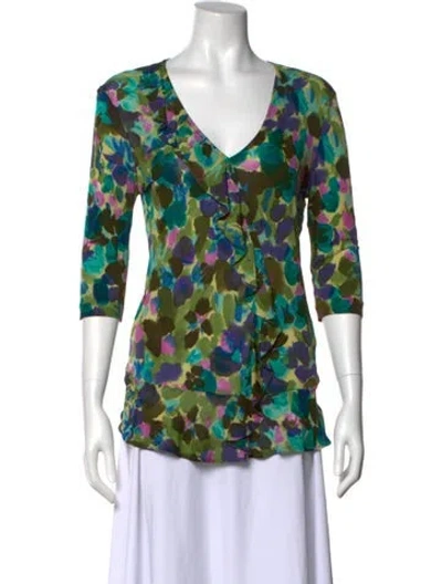 Pre-owned Etro Floral Print V-neck Blouse In Green