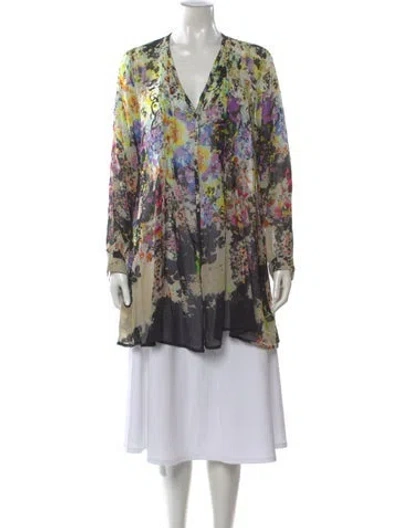 Pre-owned Etro Floral Print V-neck Blouse In Green