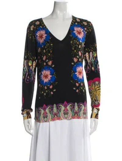 Pre-owned Etro Floral Print V-neck Sweater In Black