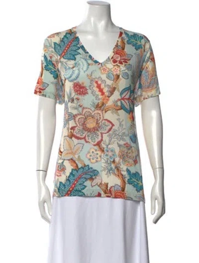 Pre-owned Etro Floral Print V-neck T-shirt In Blue/neutrals