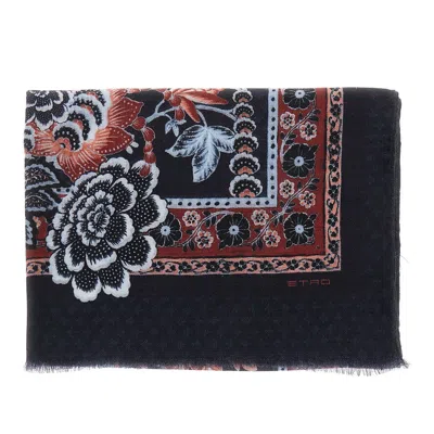 Etro Floral Print Wool And Cashmere Scarf In Blue