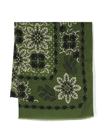 Etro Floral-print Wool Scarf In 绿色
