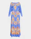 Etro Floral Printed Boat-neck Maxi Dress In Blue