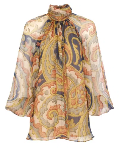 Etro Abstract Floral Silk Chiffon High-neck Blouse In Multi