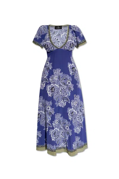 Etro Floral Printed V-neck Midi Dress In Stampa Fdo Blu (purple)