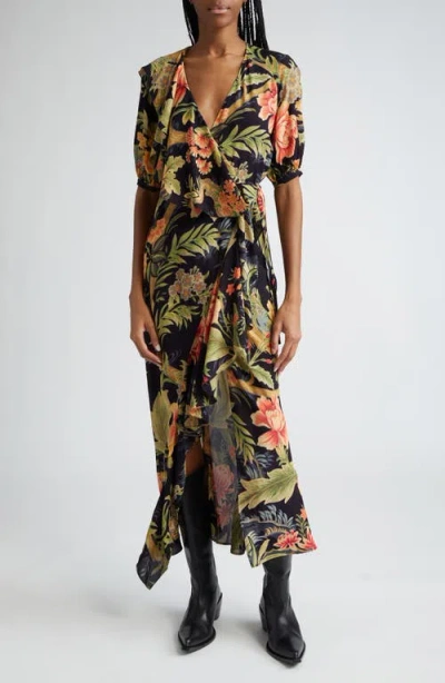 Etro Floral Puff Sleeve Wrap Maxi Dress In Multi
