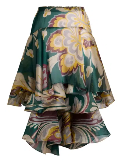 Etro Floral Ruffled Asymmetric Skirt In Green