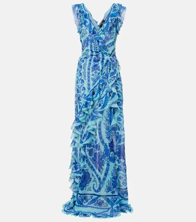 Etro Floral Ruffled Gown In Blue
