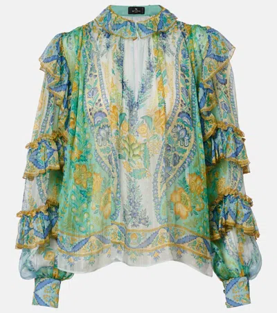 Etro Floral Ruffled Silk Blouse In Multi