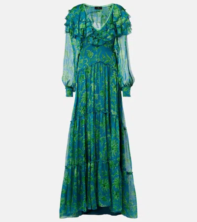 Etro Floral Ruffled Tiered Silk Chiffon Maxi Dress In Green