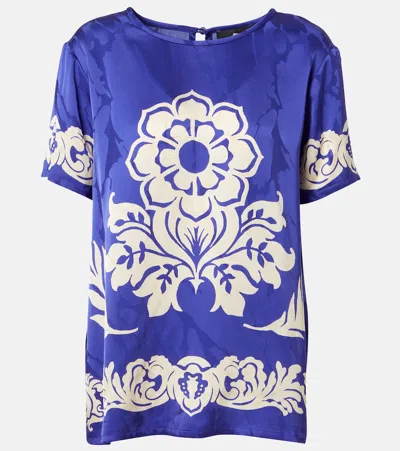 Etro Floral Print Satin Round Neck T-shirt In Blue