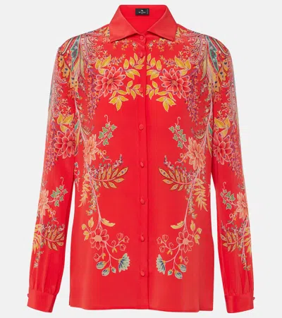 Etro 花卉真丝绉绸衬衫 In Red