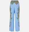 Etro Palazzo Silk Trousers With Floral And Geometric Print In Blue