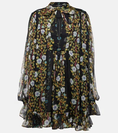 Etro Floral Silk Crepon Minidress In Print On Black Base