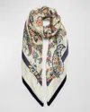 Etro Floral Silk Shawl With Velvet Trim In Print On Beige Base