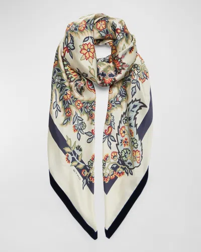 Etro Floral Silk Shawl With Velvet Trim In Multi