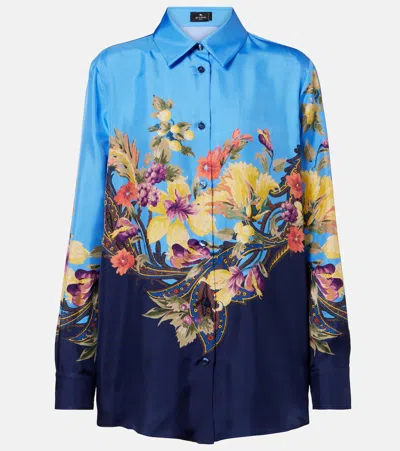 Etro Floral Silk Shirt In Blue