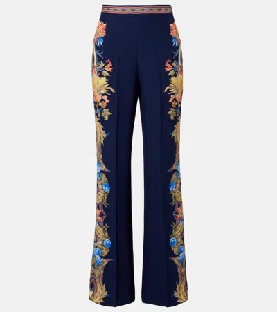 Etro Floral Silk Straight Pants In Blue
