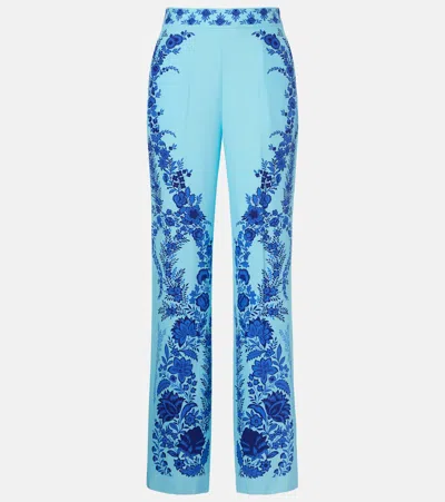 Etro Floral Silk Straight Pants In Blue