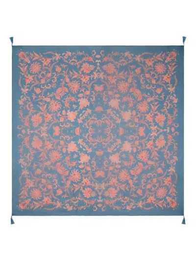 Etro Floral Tassel Silk Shawl In Blue