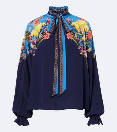 Etro Floral Tie-neck Silk Habotai Blouse In Blue
