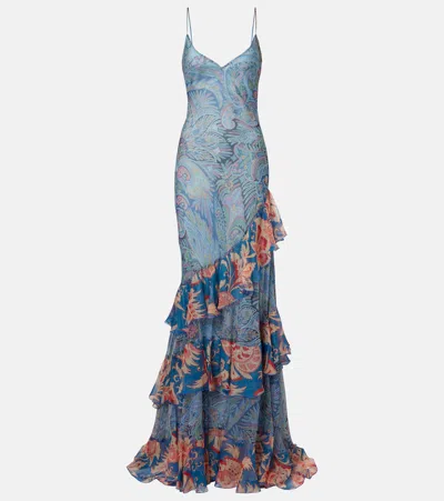 Etro Ruffles Tiered Paisley And Floral-print Silk-chiffon Maxi Dress In Blue