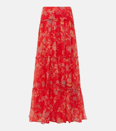 Etro Floral Tiered Silk Maxi Skirt In Red