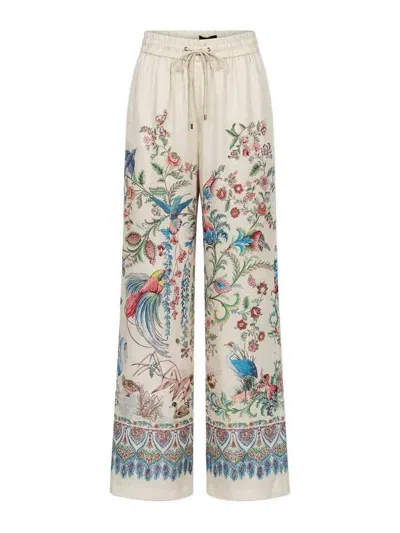 Etro Women White Pants With Elastic Drawstring Waist And All-over Floral Print In Tech Fabric Woman In Multi