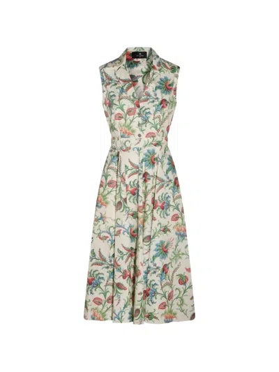 Etro Floral Belted Sleeveless Dress Button Detail In Multi