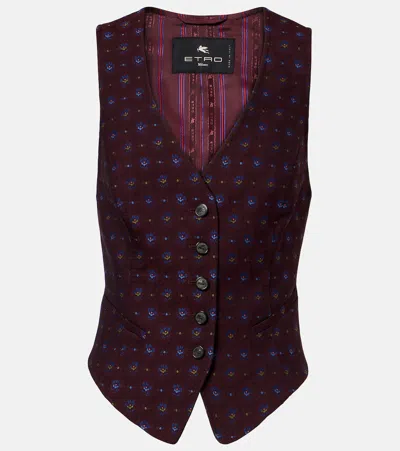 Etro Floral Wool And Cotton Jacquard Vest In Burgundy