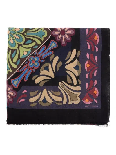 Etro Floral Wool Scarf In Black