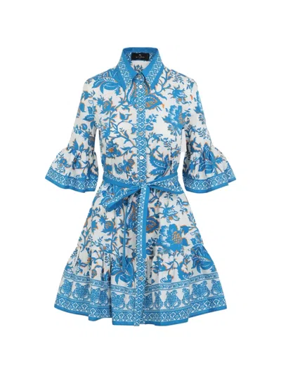 Etro Floral-detail Bell-sleeve Mini Dress In Blue